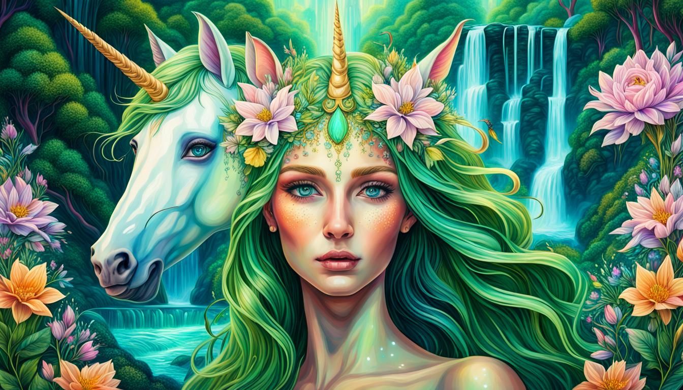 Goddess of Spring with Unicorn in Astral Illustration
