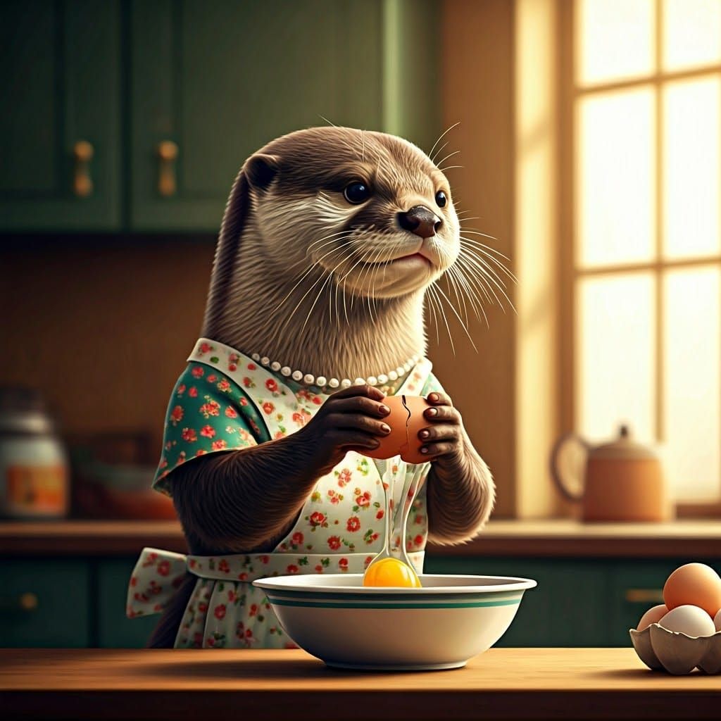 Retro Otter Housewife Prepares Hearty Breakfast in Sunlit Ki...