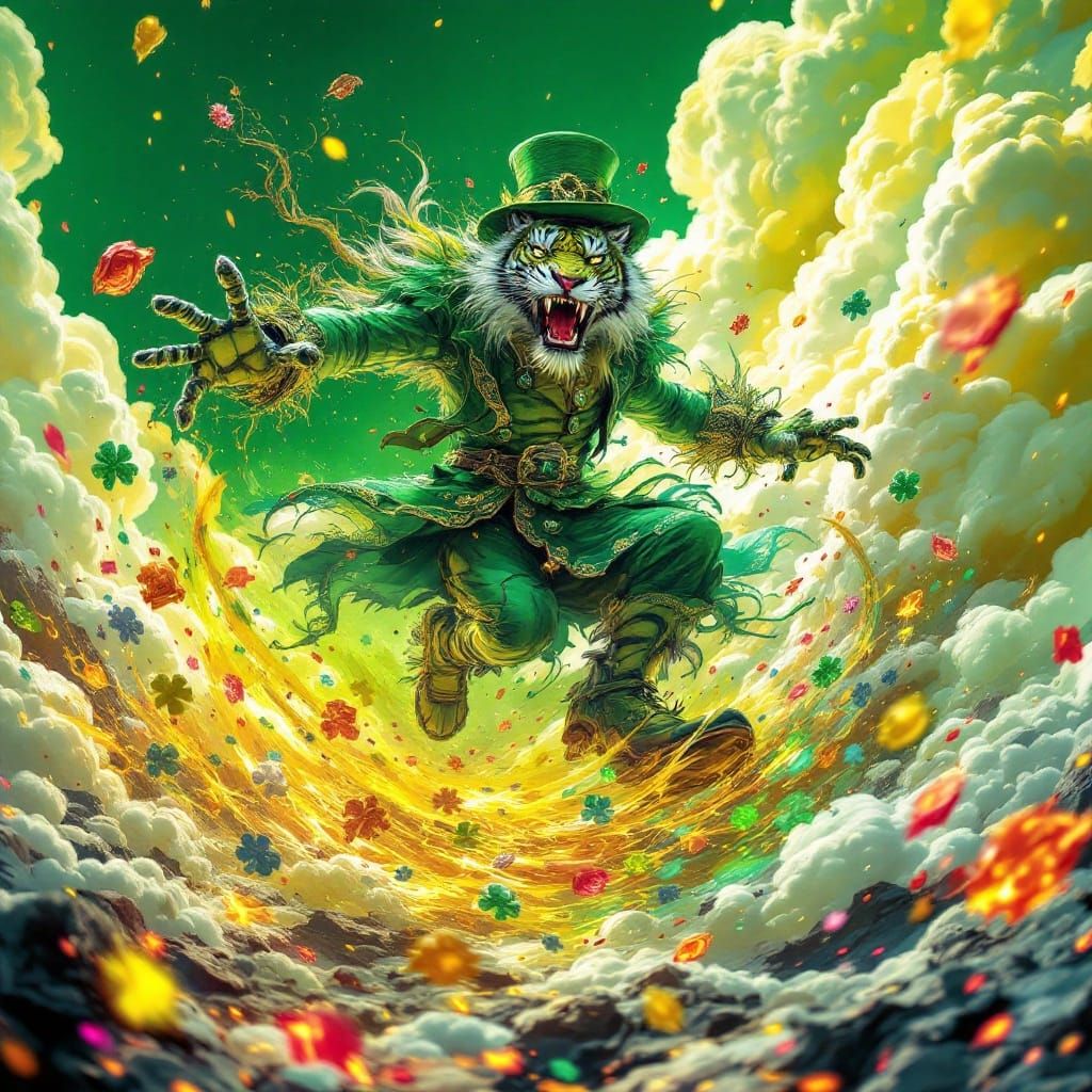 Vibrant Lime Green Tiger Leprechaun Dances Amidst Whirlwind ...