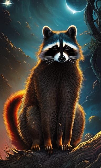 Celestial Raccoon in Dark Fantasy Style