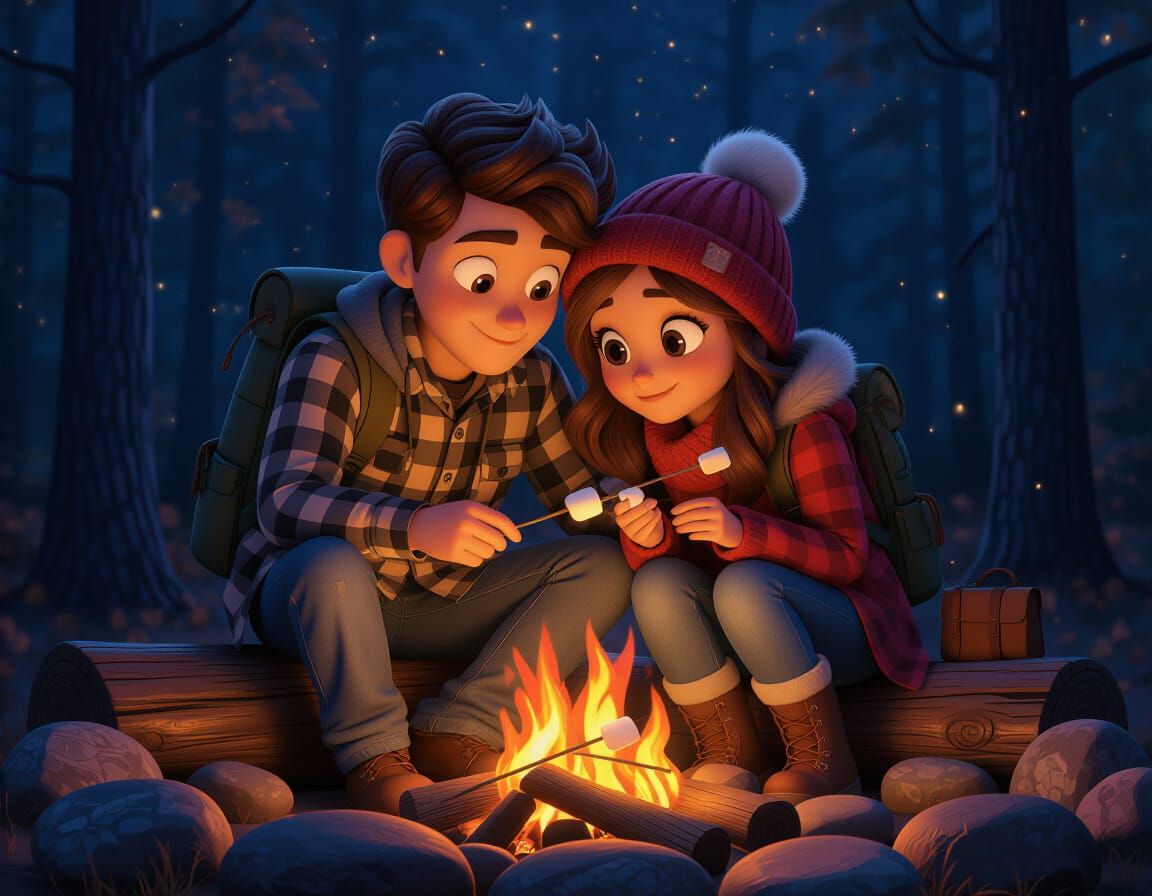 Romantic Couple Roasting Marshmallows at Bonfire: Pixar Styl...