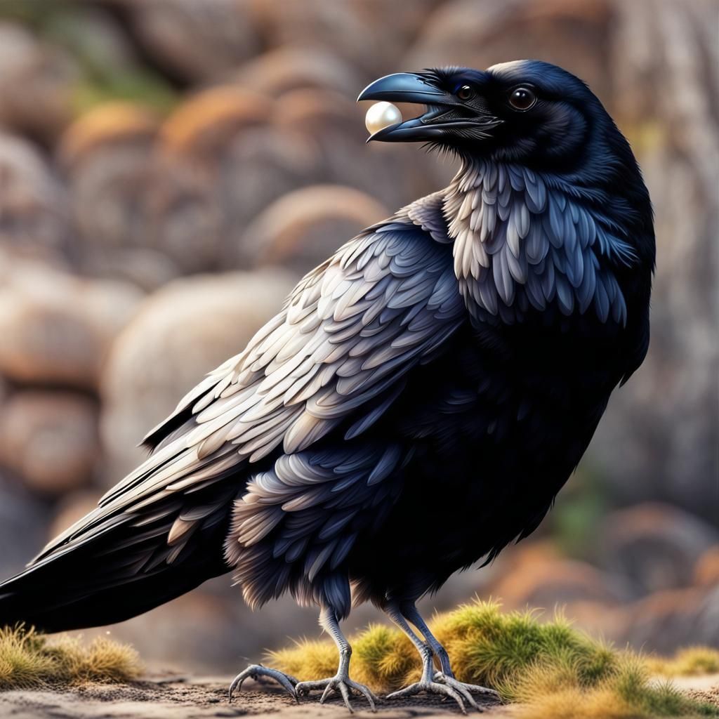 Hyperrealistic Raven with Pearl in Beak