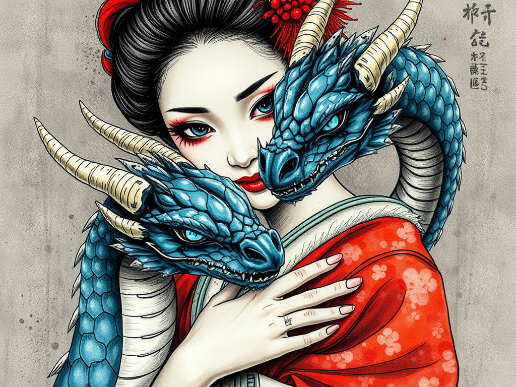 Geisha and Dragon Drawn in Ink and Watercolor