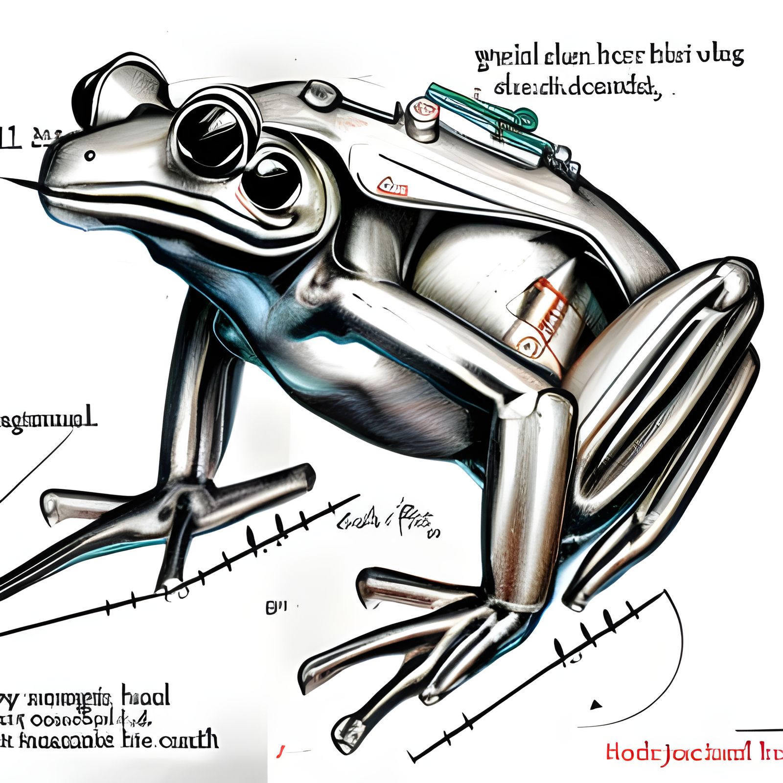 Detailed Mechanical Frog Technical Pencil Diagram