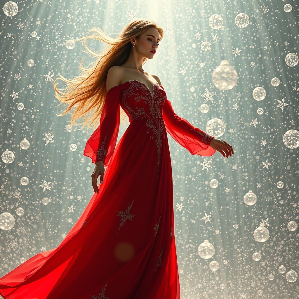 Surreal Lady in Vibrant Red Dress with Shimmering Energy