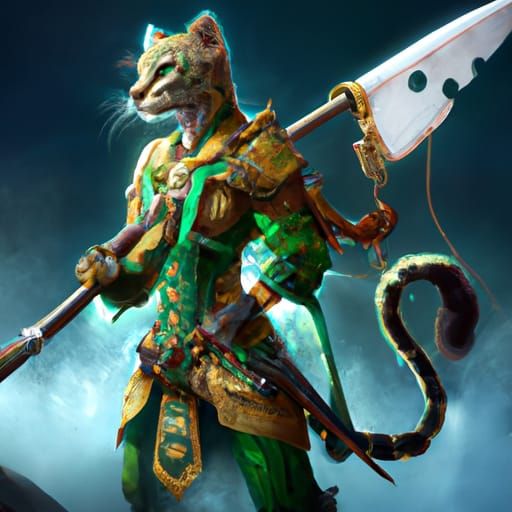 Dark Fantasy Tabaxi Warrior with Jade Tunic