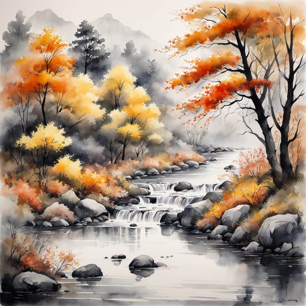 Misty Autumn Landscape in Ink Painting Style