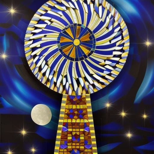 Glass mosaic windmill against a backdrop of a moonlit sky wi...