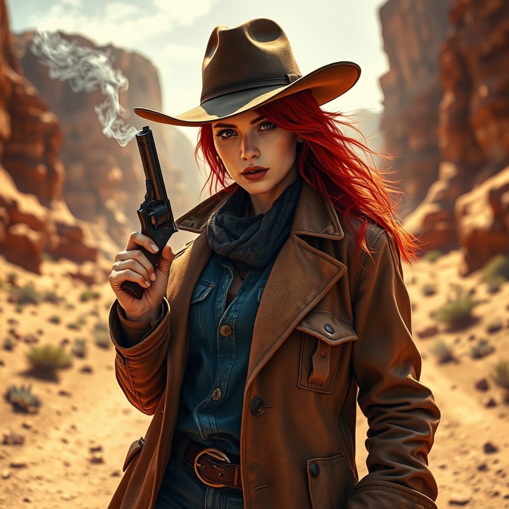 Fiery Red-Haired Female Outlaw in Desert Landscape
