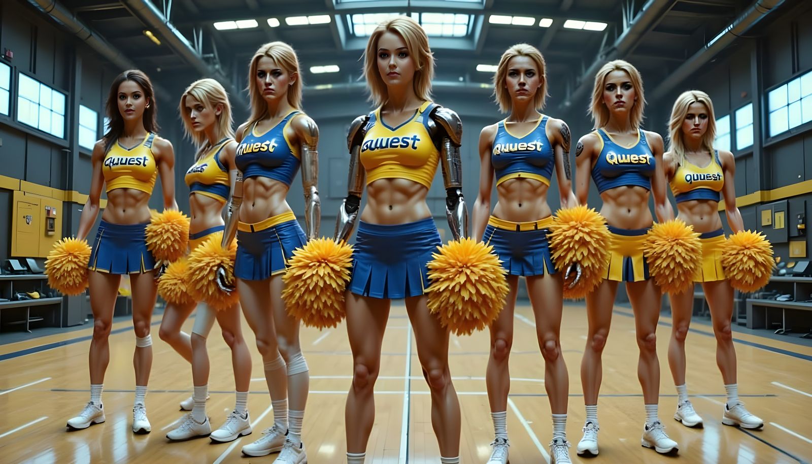 Five Athletic Cheerleaders in a High School Gym
