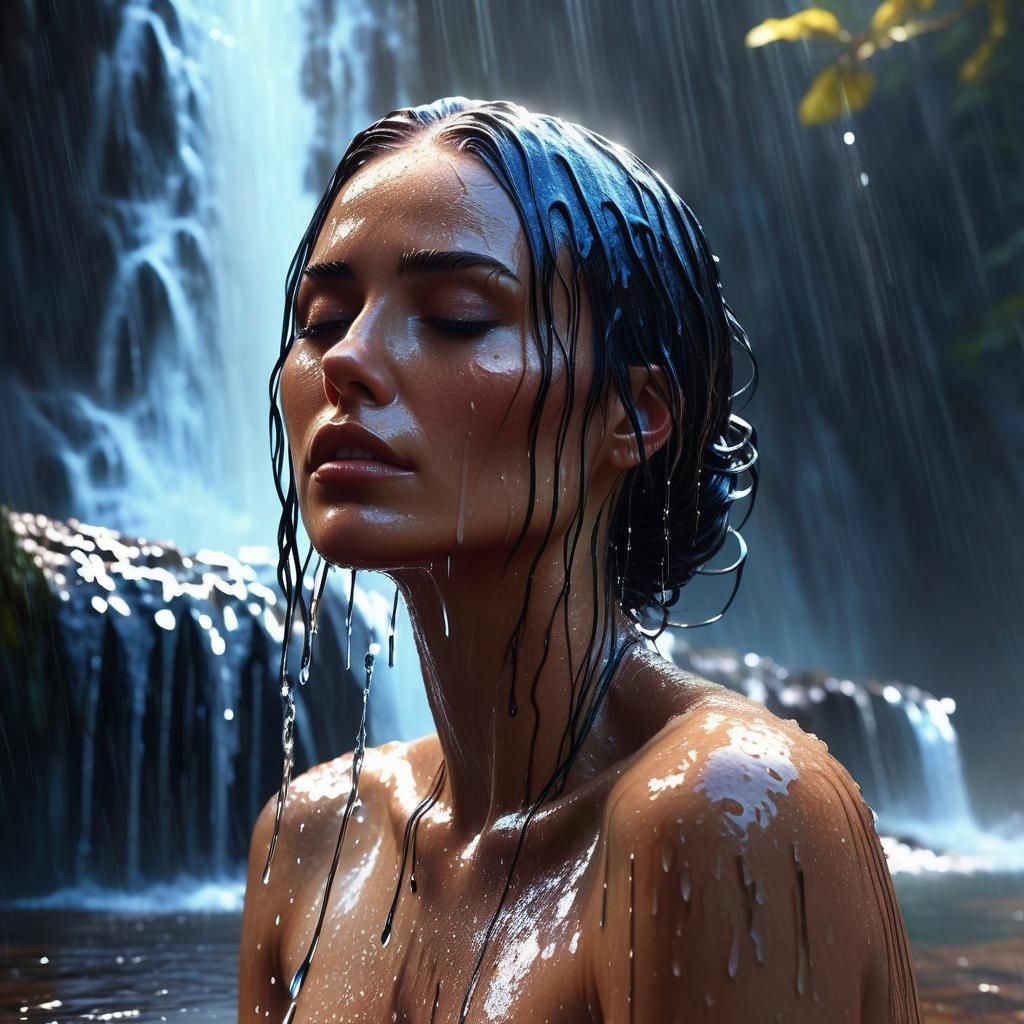 a beautiful bare-chested woman with dripping wet sparkling hair sitting under a magical waterfall Hyperrealistic, splash...
