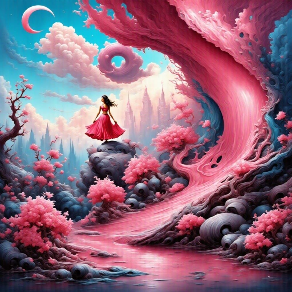 Surreal Pink and Teal Melting Oil Painting