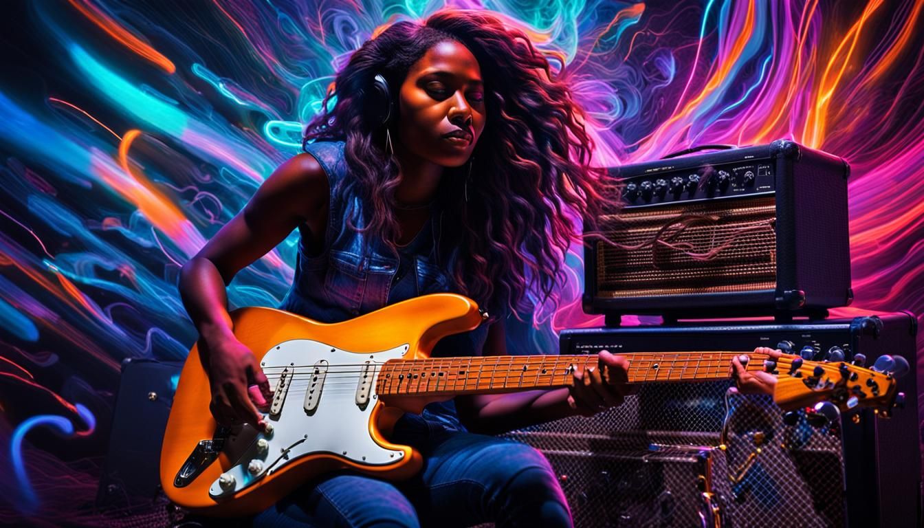 Woman Plays Electric Guitar in Neon Woods
