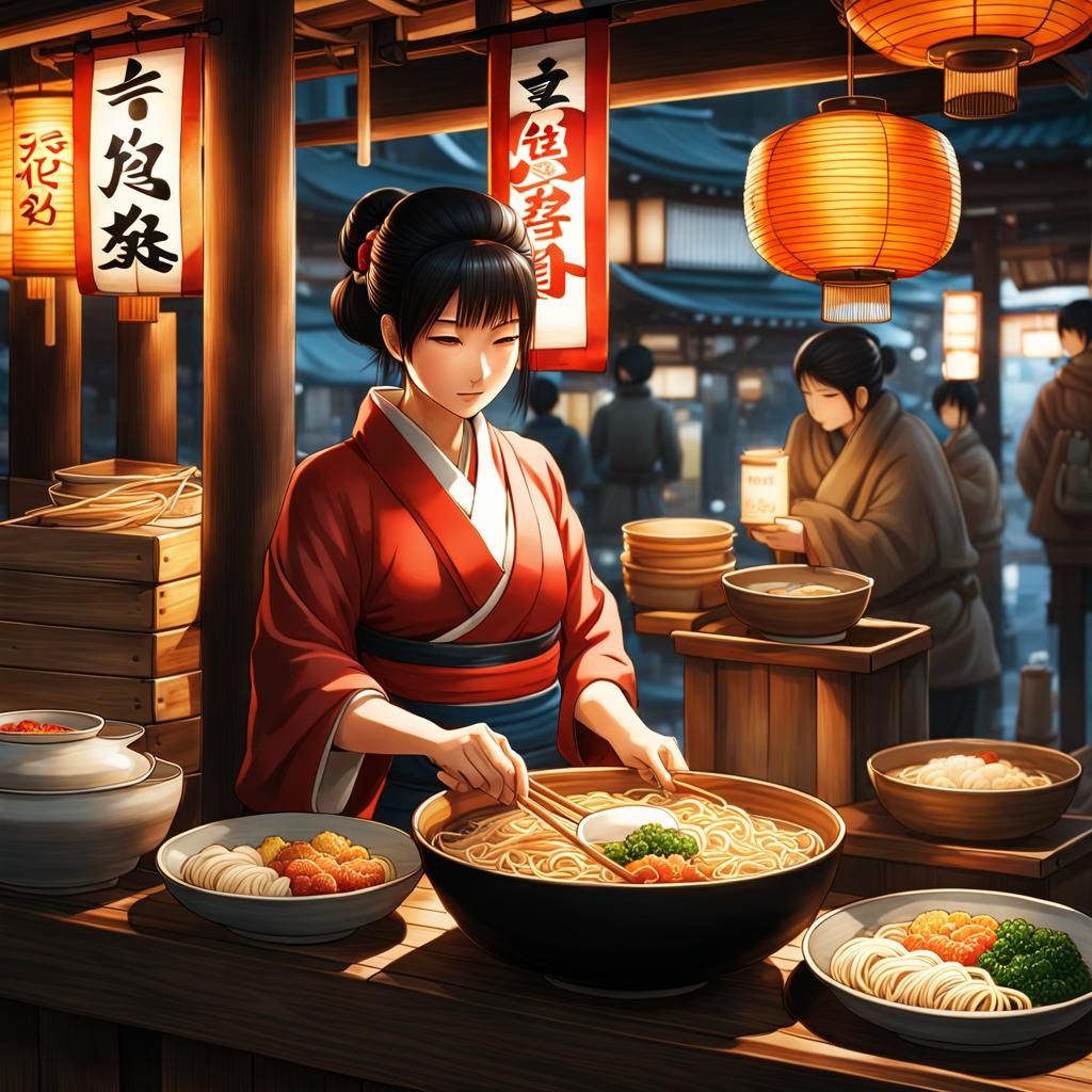 Japanese Ramen Stand at Night as Digital Art