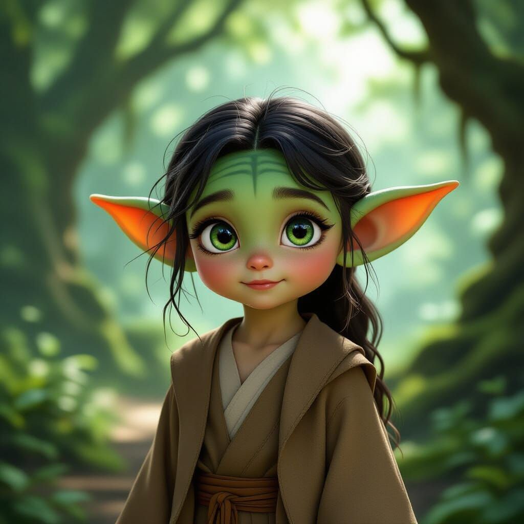 Photorealistic Young Girl Inspired by Grogu in Forest