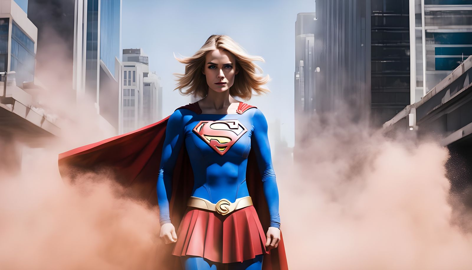 Supergirl in Striking Costume with Colorful Dust Face