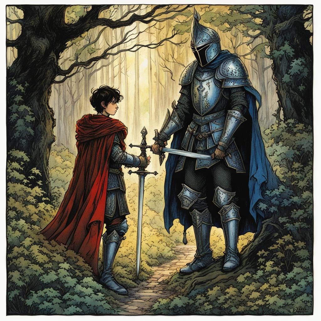 Medieval Knight and Son in Anime Arthur Rackham Style