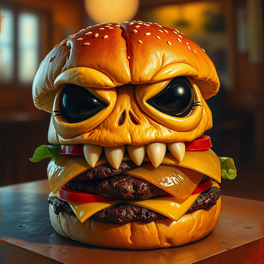 Whimsical Burger with Ghoul Eyes in Oil Painting Style
