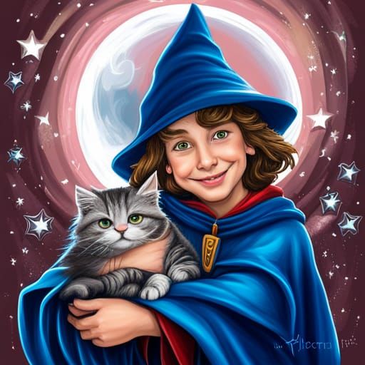 Smiling Wizard Baby with Kitten in Graffiti Art