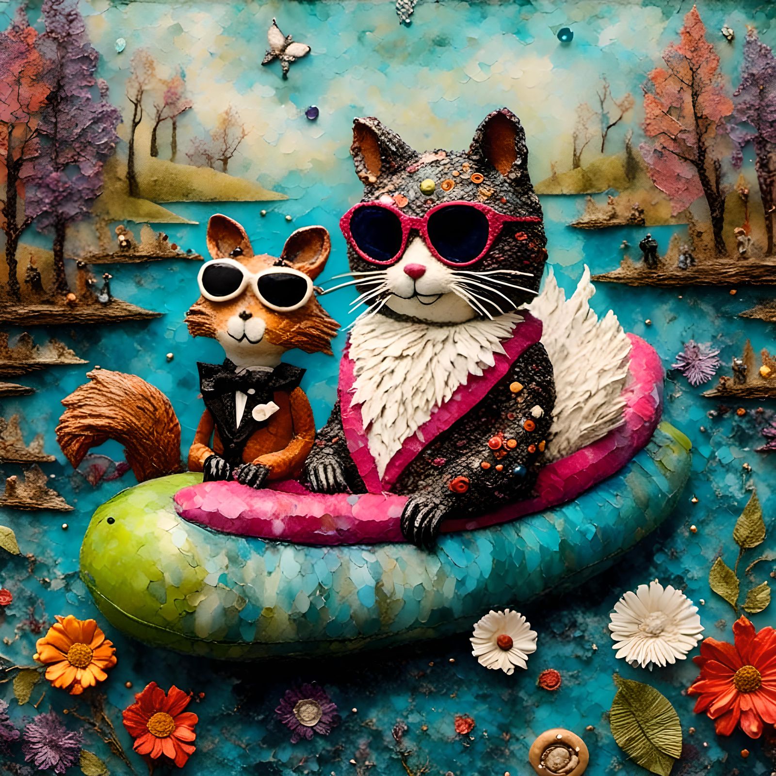 Whimsical Encaustic Collage: Cat and Squirrel Float Trip