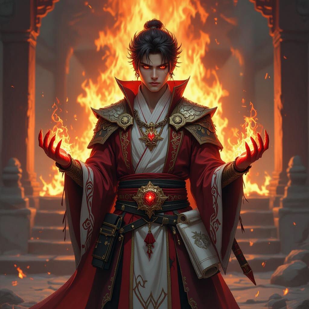 Dragonborn Wizard Before Burning Temple in Fantasy Style