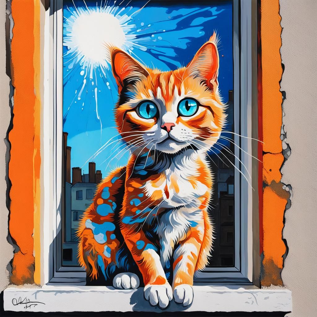 Cat with Huge Blue Eyes in Graffiti Art Style