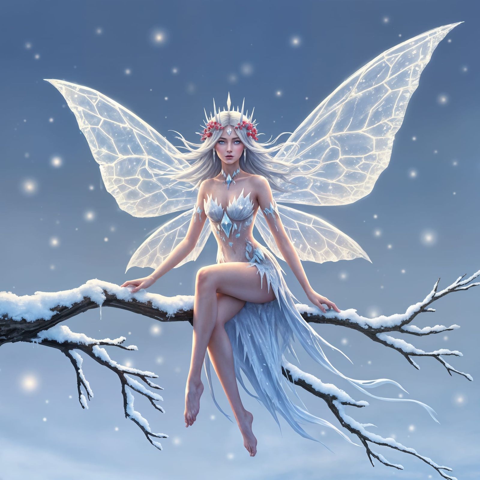 Winter Fairy on Frost Branch at Sunrise