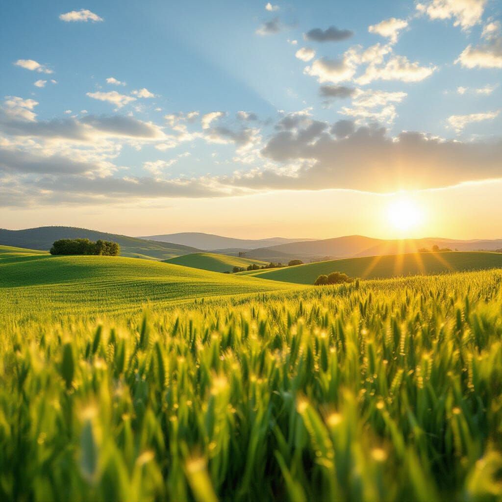 Rolling Green Meadows Under Midday Sun in Abstract Style