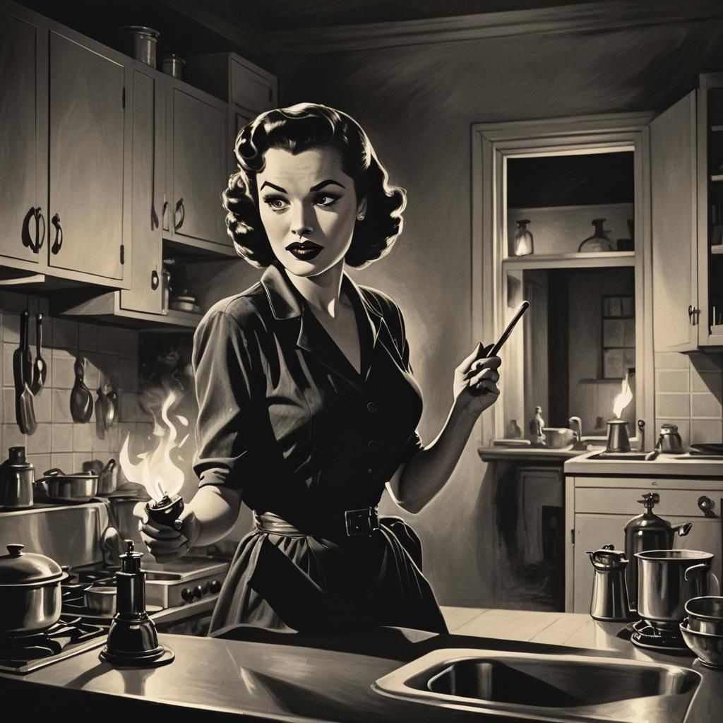 1950s Pin-Up Creeping in Kitchen, Film Noir Style