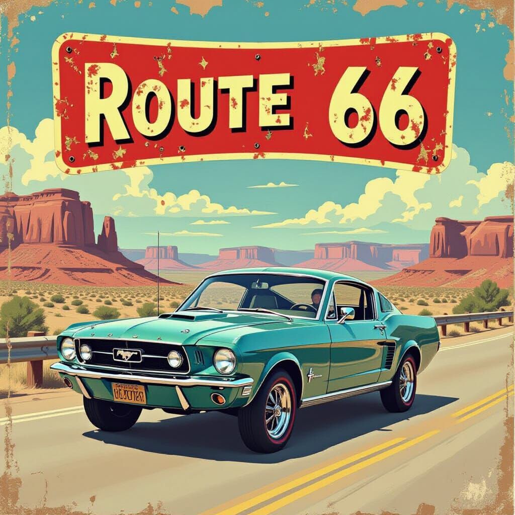 Vintage Ford Mustang on Route 66 Poster