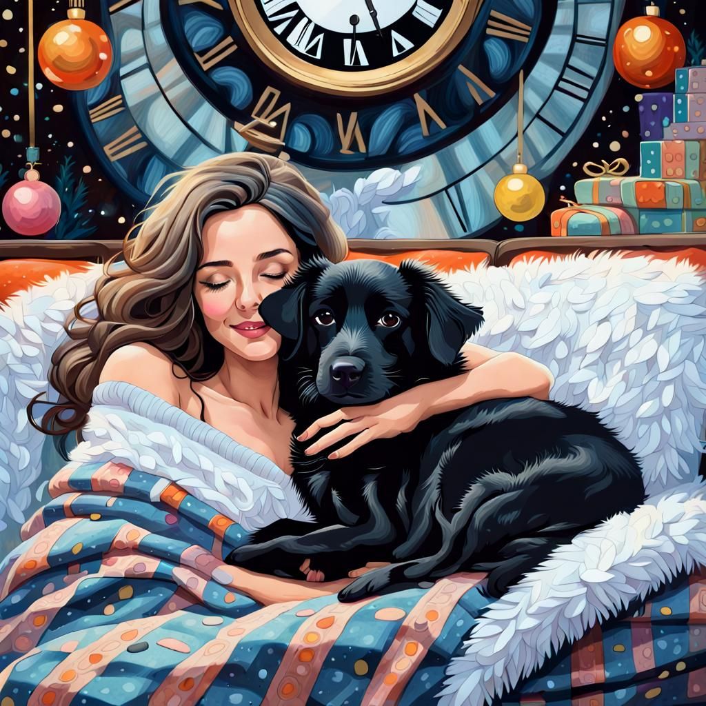 Cozy Woman and Dog Await New Year