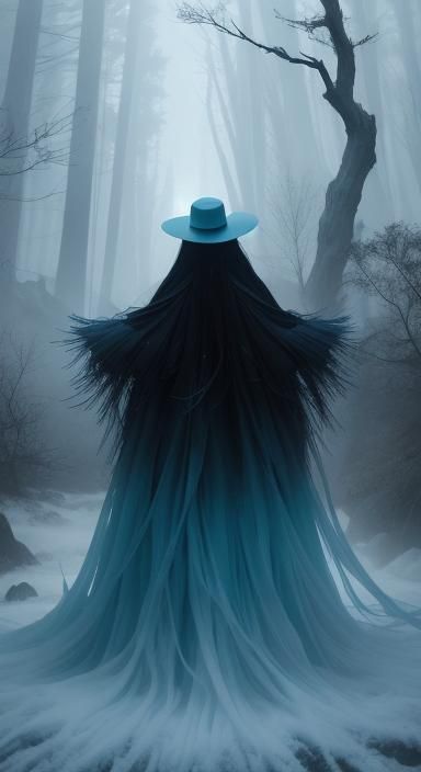 Mysterious Woman Exhaling Frosty Air in Rothko Style