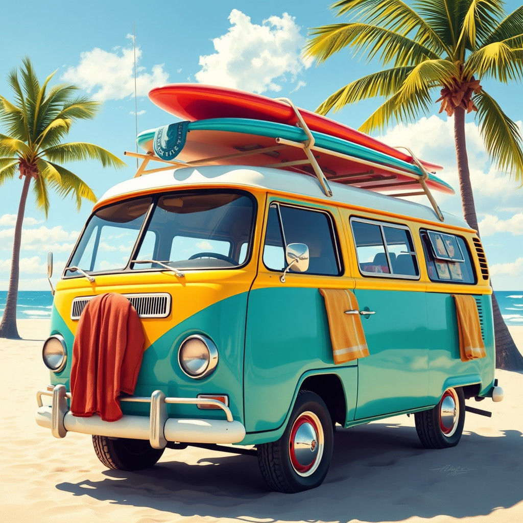 Vintage Surf Bus on Sunny Beach in Rockwell Style
