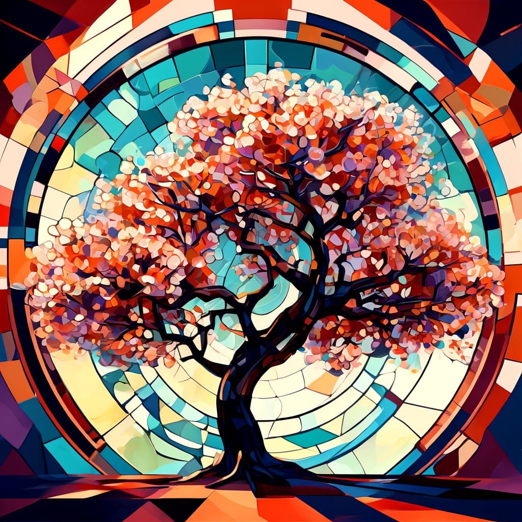 Filigree Fractal Cherry Tree in Stained Glass Style