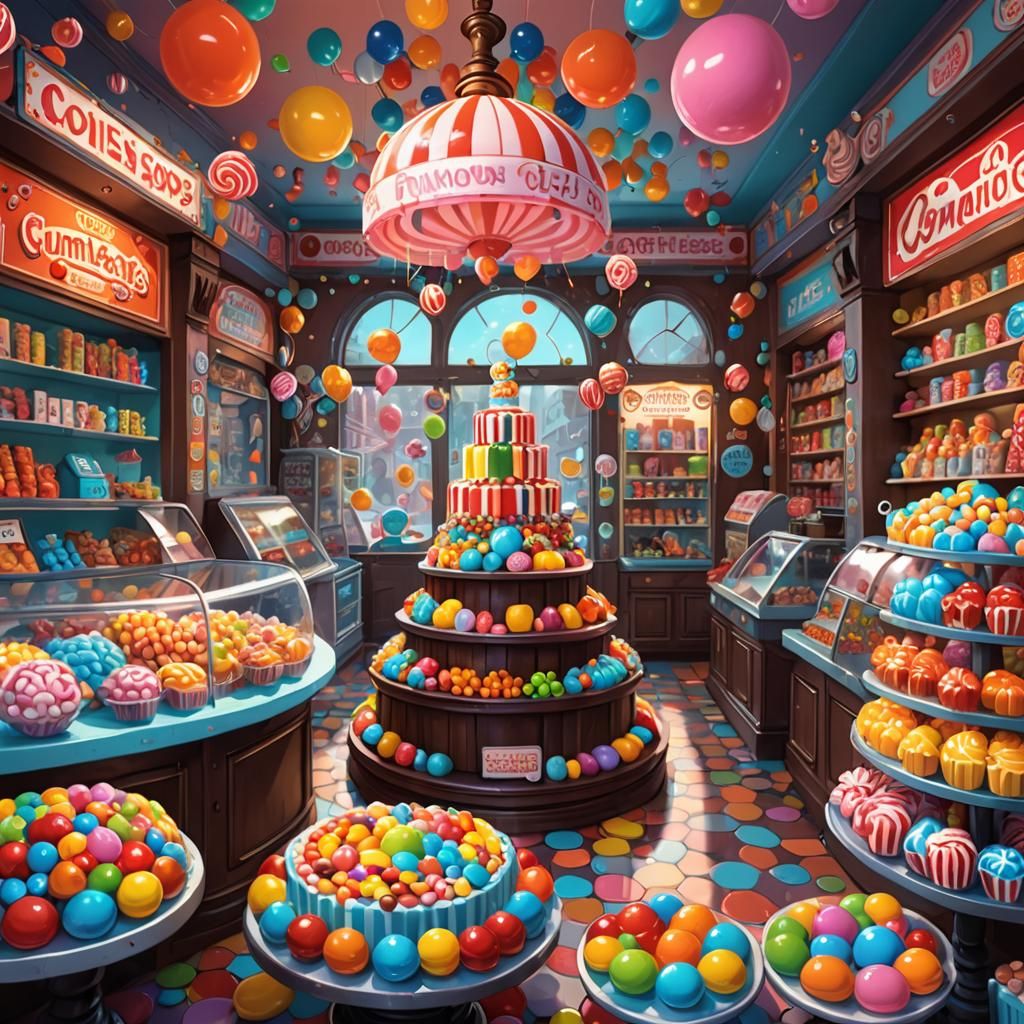 Colorful Candy Shop Illustration in Pop Surrealism Style