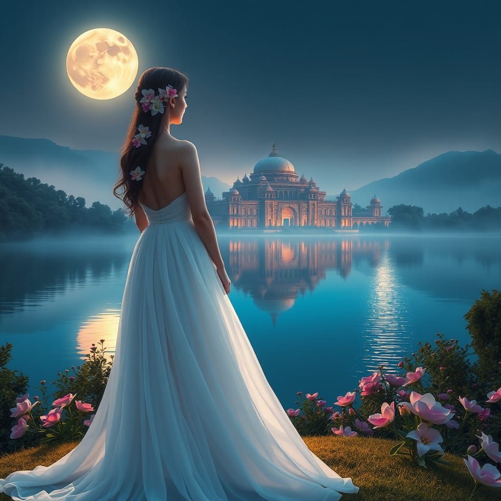 Woman on Knoll Overlooking Lake in Fantasy Landscape