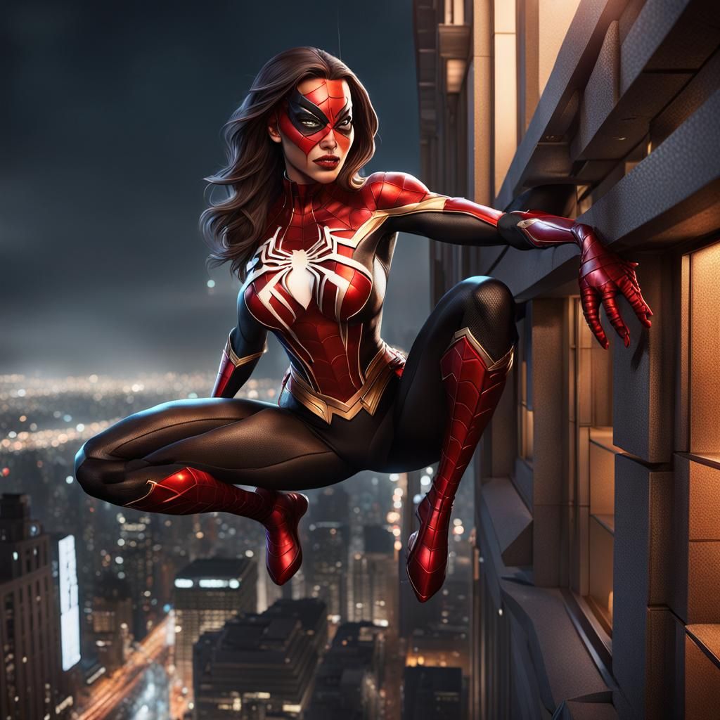 Spider Woman Climbs Skyscraper at Night