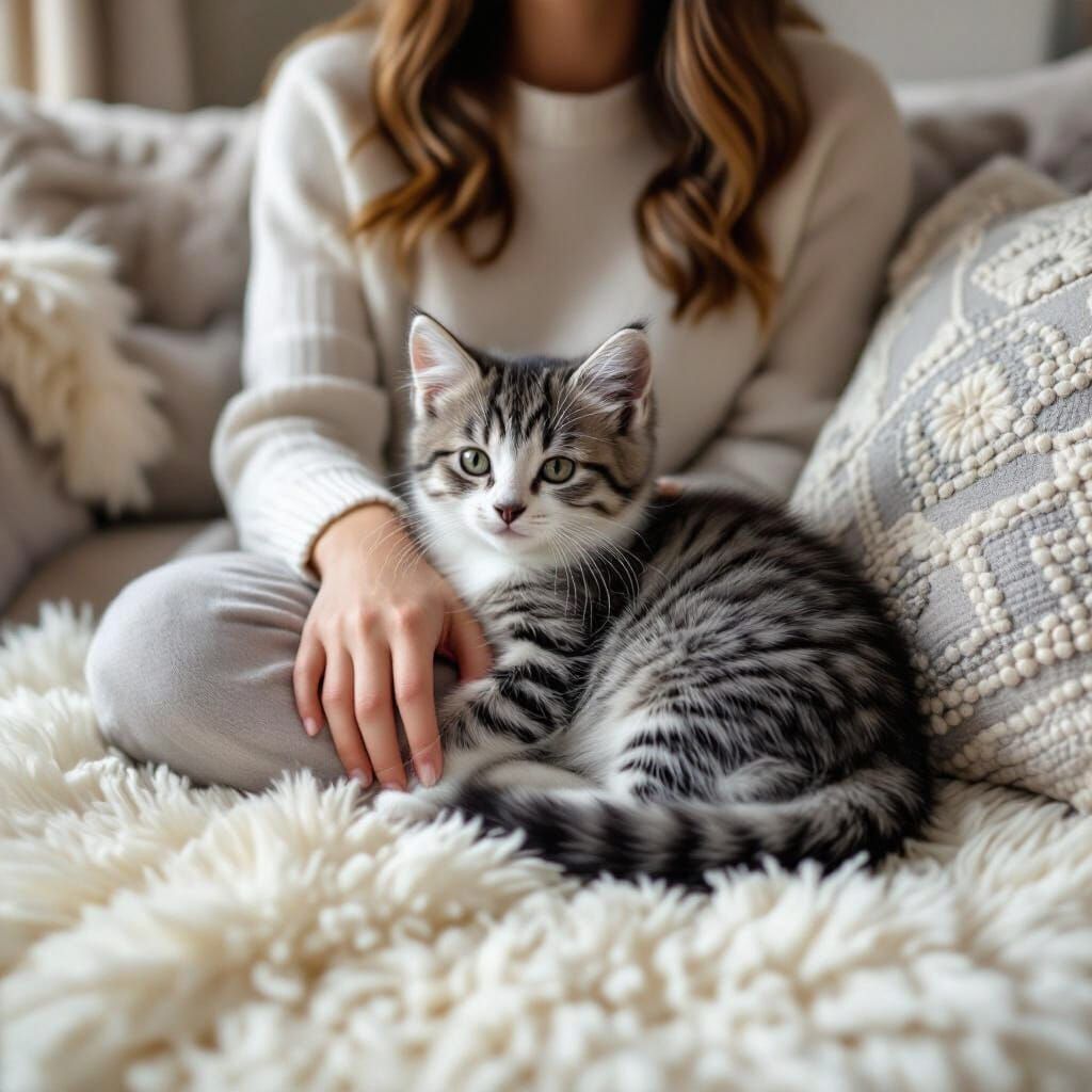 Cozy Tabby Kitten Napping, Impressionist Style