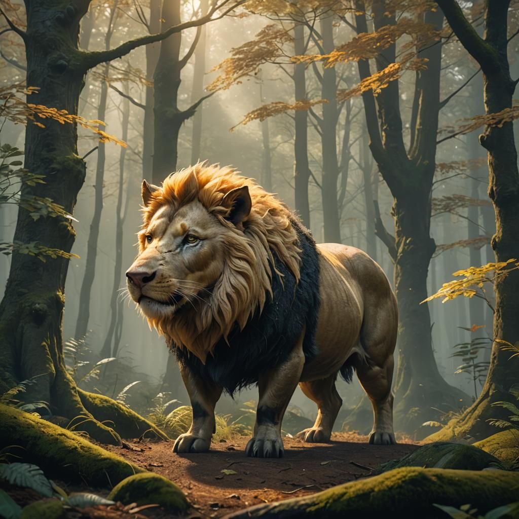 Majestic Pig-Lion Creature in Misty Forest, Anime Art