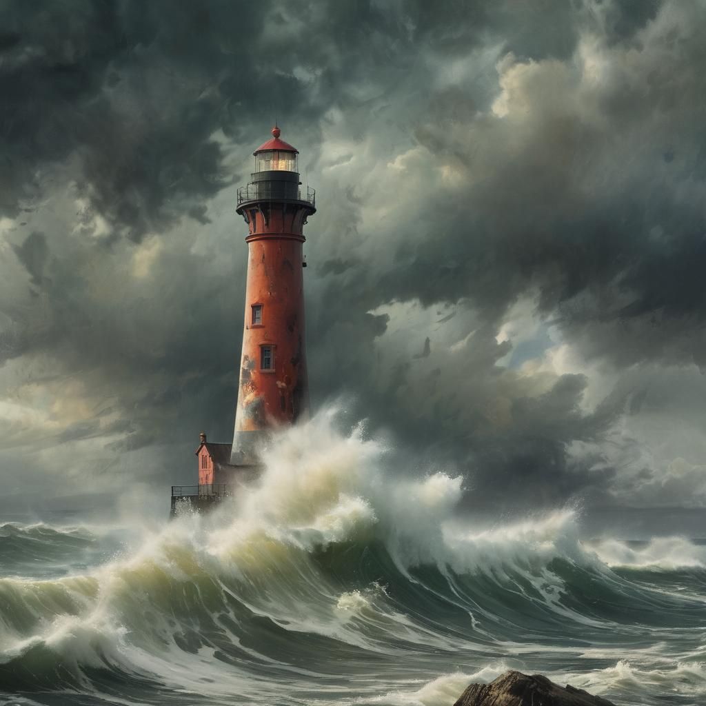 Moody Lighthouse Scene with Whimsical Textures