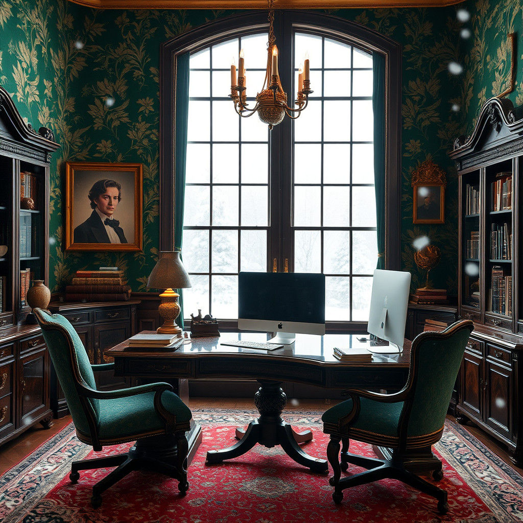 Elegant Winter Library with Floral Wallpaper