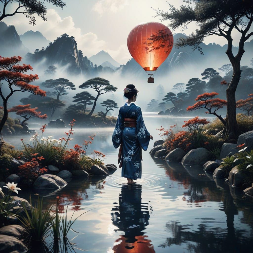 Geisha in Hot Air Balloon: Sumi-e Ink Painting
