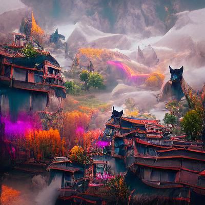 Mystical Cat Village: Detailed Matte Painting
