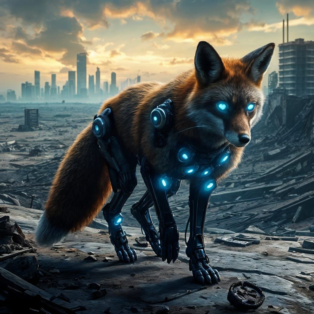Cybernetic Fox in Post Apocalyptic Ruins