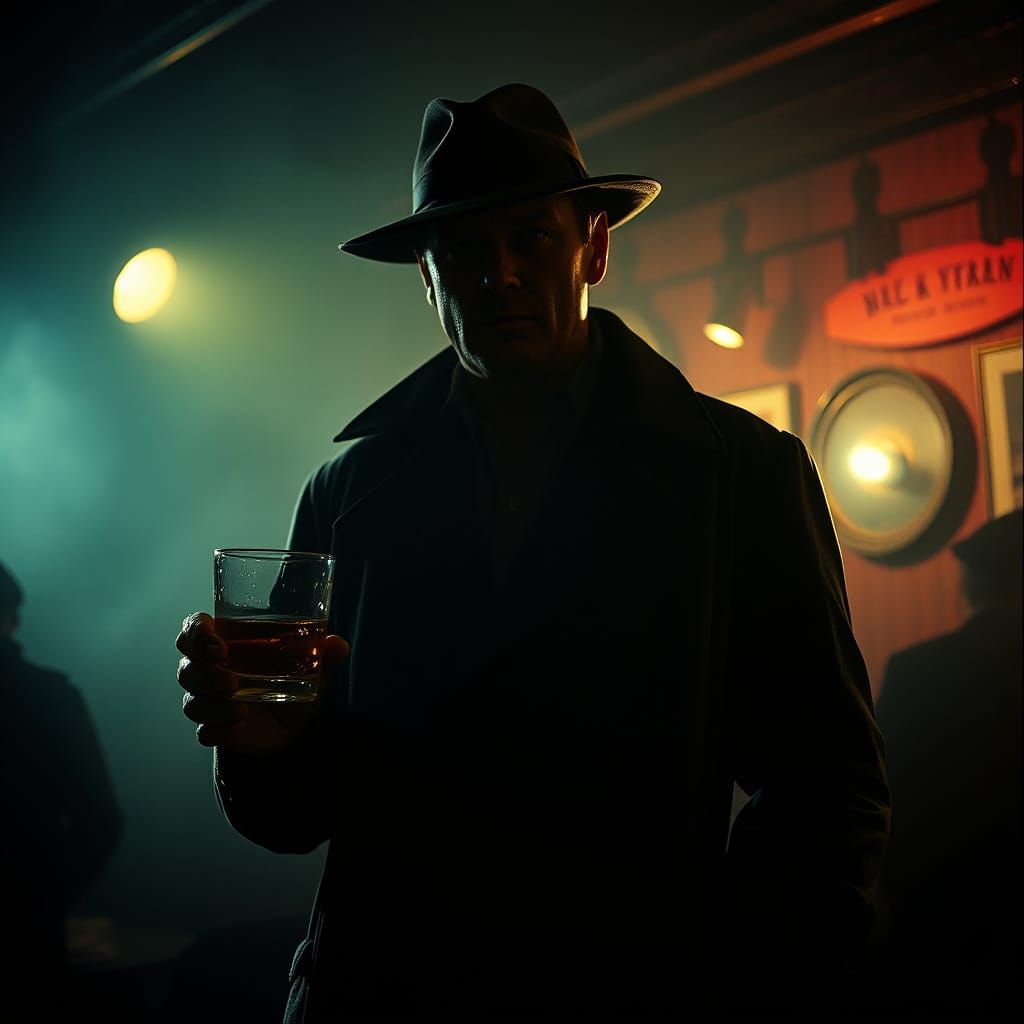 Gritty Film Noir Detective Silhouetted in Smoky Jazz Club
