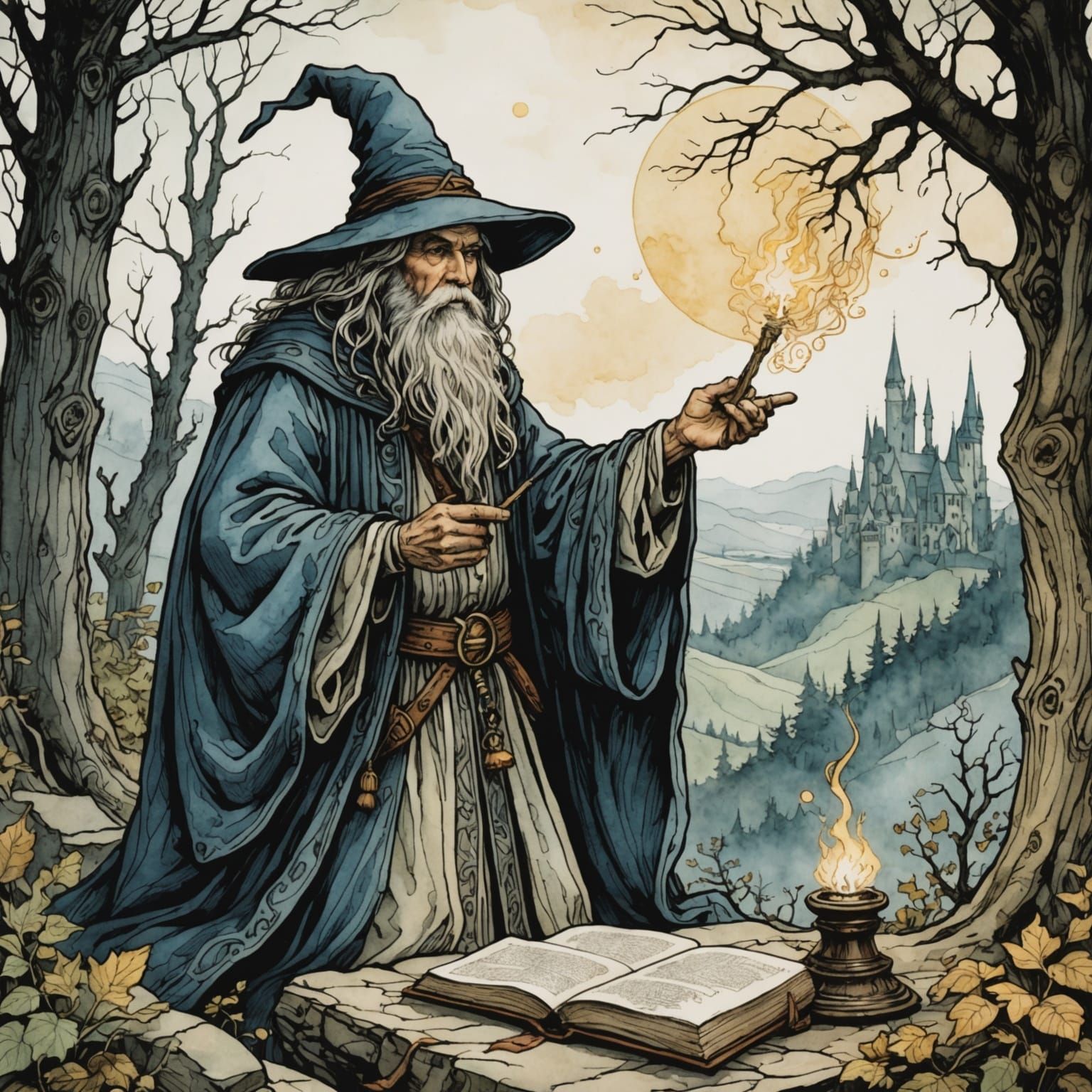 Wizard Casting Spell: Watercolor Storybook Illustration