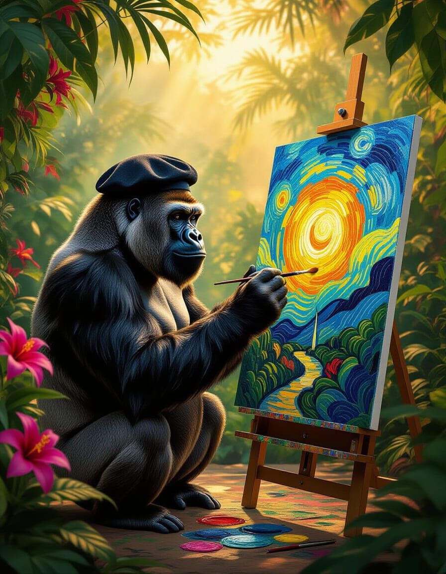 Gorilla Artist Painting Abstract Masterpiece in Jungle Studi...