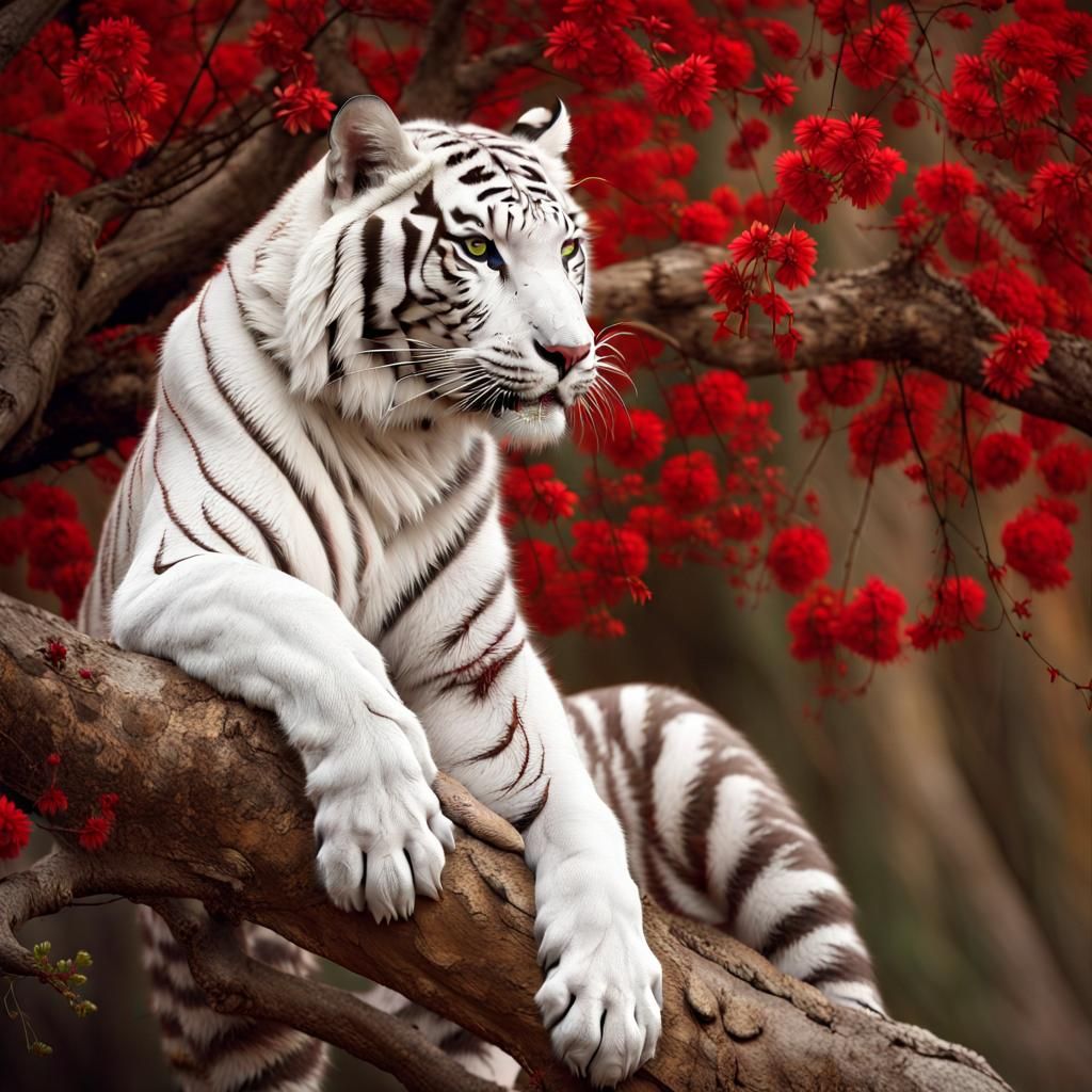 A Photograph capturing the essence of a majestic white tiger, posed with its two front paws hanging over an angled tree ...