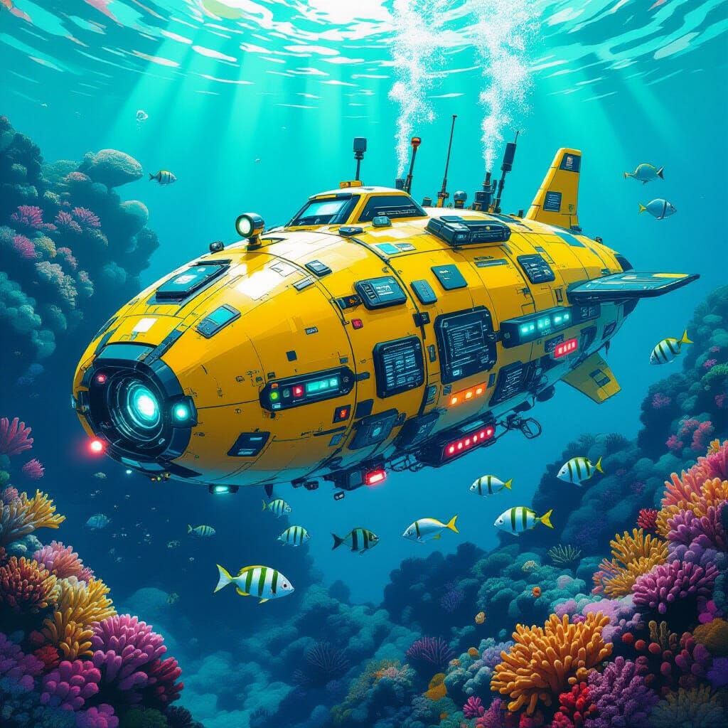 Undersea Vessel Explores Coral Reef in Abstract Style