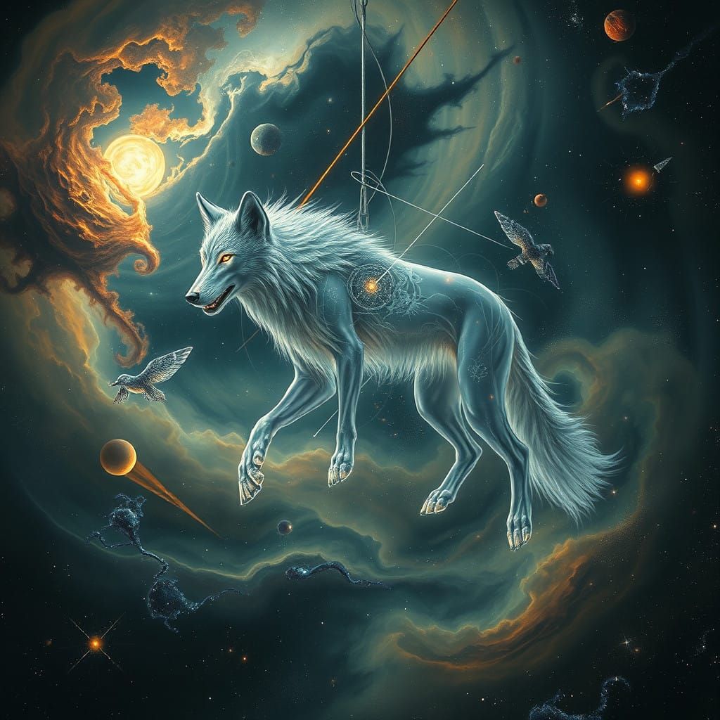 Ethereal Cosmic Wolf in Celestial Suspension